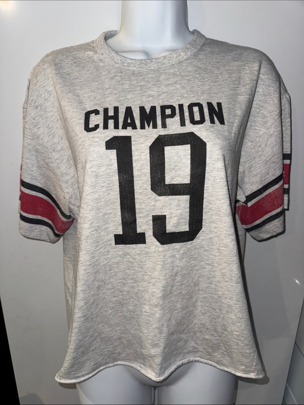 NWT Champion Quarter Half Distressed Cropped Tee Ash Heather 19 Graphic S